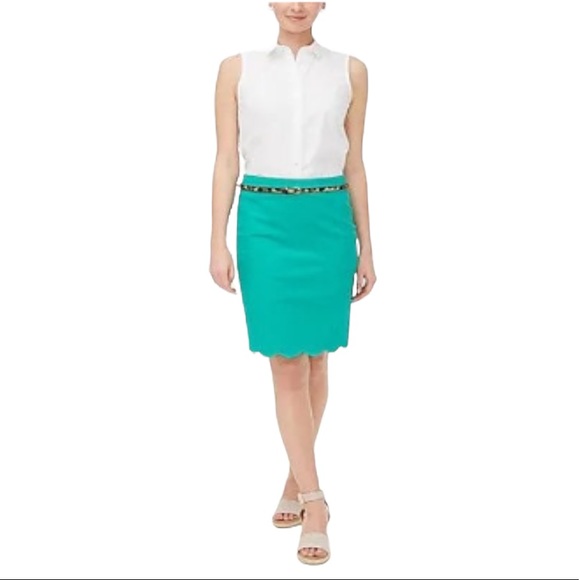 NWOT J. Crew Avocado Green Scalloped Hem Midi Pencil Skirt | 4 - Picture 2 of 6